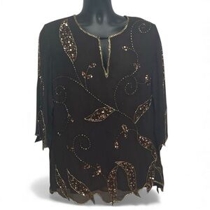 Original Anthony Brown With Gold Sequin Beading Women's Blouse Size Large L